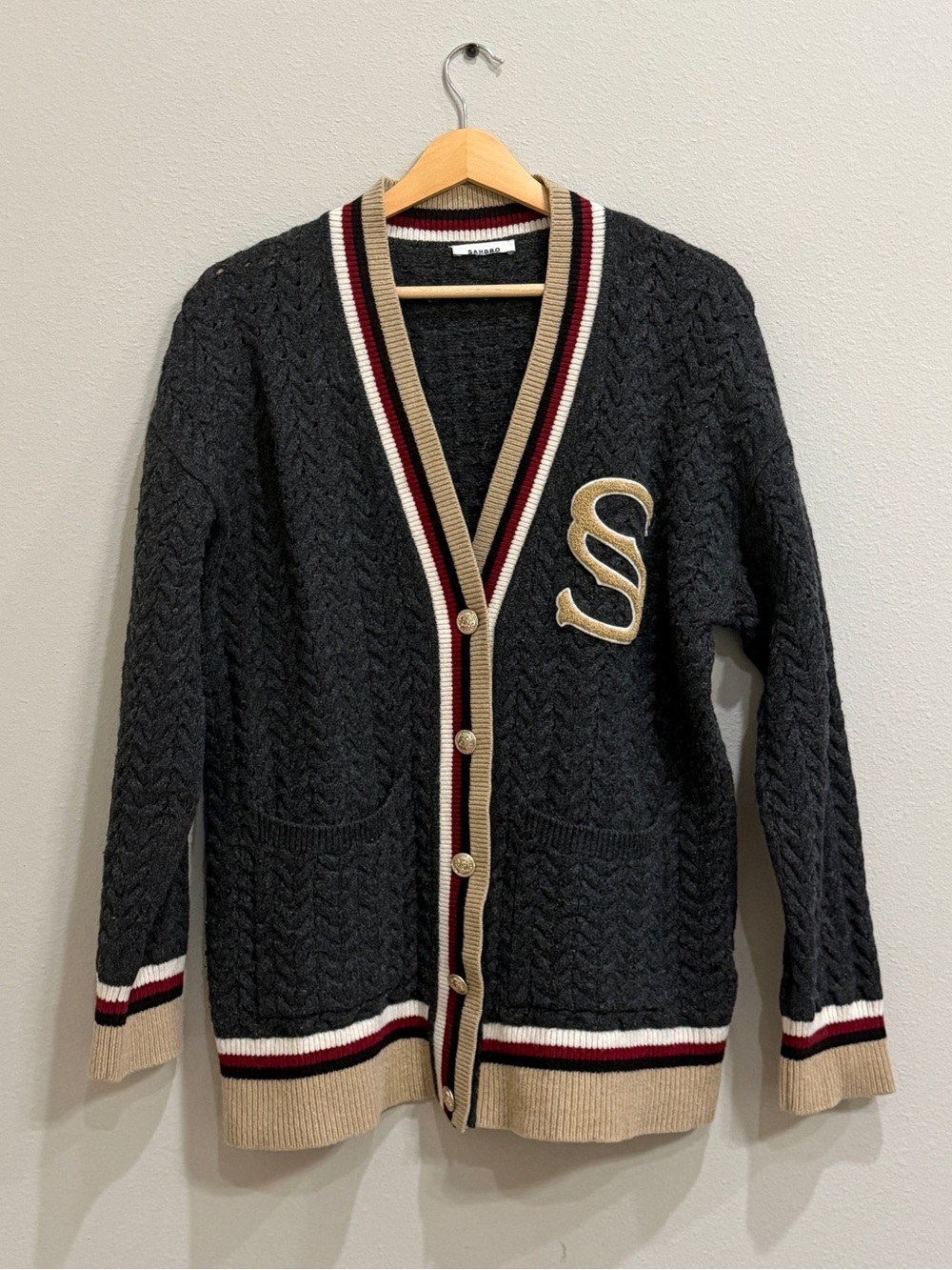 Sandro‎ Paris Cardigan Wool Cable Knit Varsity Size 2, US Medium Monogram S
